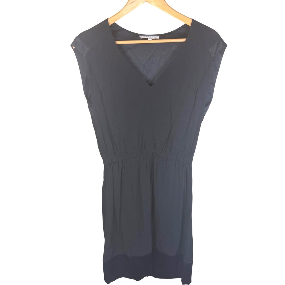 Sandro Black V Neck Cap Sleeve Elastic Waist Midi Dress Size‎ SM Classic Staple